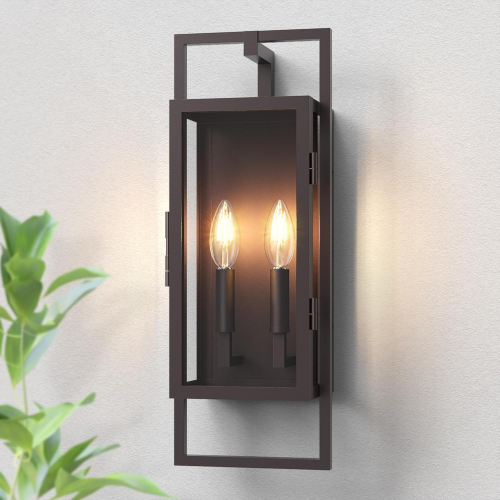 21.5-Inch Bronze Metal Dusk-to-Dawn Outdoor Wall Lantern, 2-Light Exterior
