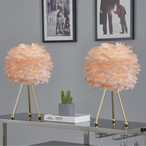 Set of 2 Pink Feather Table Lamps with Gold Metal Tripod Bases, 19-Inch
