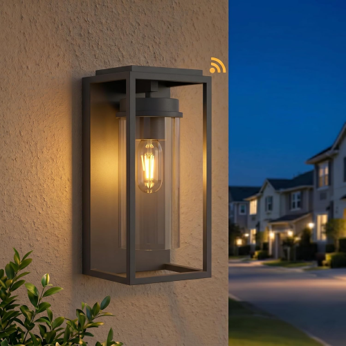 Modern Black Metal Outdoor Wall Sconce, 12.4-Inch Dusk-to-Dawn Light