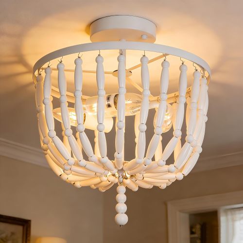 12.6-Inch White Wood Bead Modern Semi-Flush Mount Ceiling Light