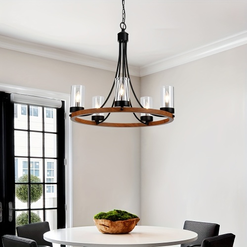 25.2-Inch Natural Wood and Metal 5-Light Wagon Wheel Chandelier