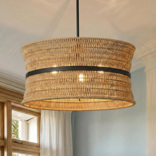 Boho 4-Light Woven Rattan Chandelier, 18-Inch Beige Natural Pendant