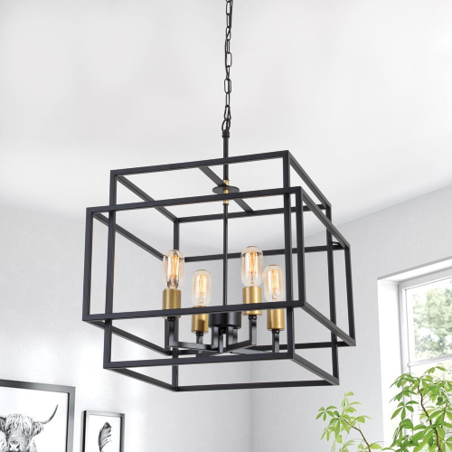 Modern Square 18-Inch 4-Light Metal Chandelier in Black and Gold