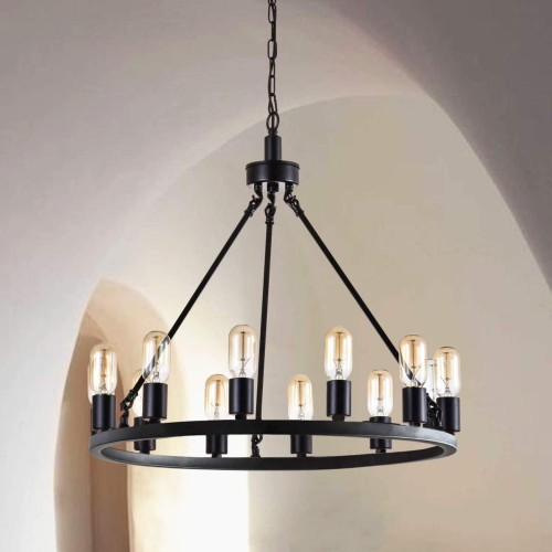 24.2-Inch Black Metal 12-Light Modern Wagon Wheel Chandelier