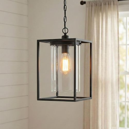 Black Metal Industrial Pendant Light with Glass Shade, 8.7 Inch