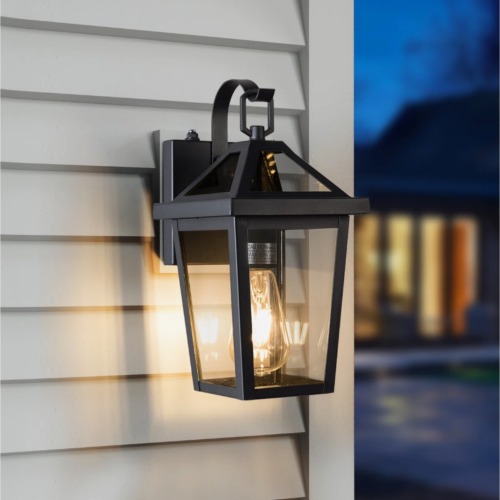13-Inch Modern Black Glass & Metal Dusk-to-Dawn Outdoor Wall Light