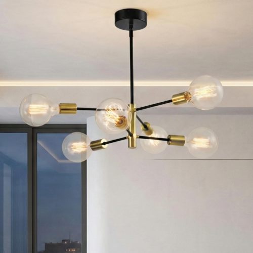 6-Light Black and Gold Metal Sputnik Chandelier, Mid-Century Style