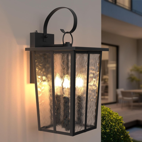 18.5-Inch Black Metal 3-Light Outdoor Lantern with Ripple Glass