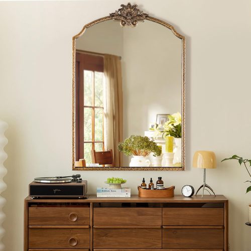36-Inch Gold Baroque Arched Metal Wall Mirror with Ornate Frame