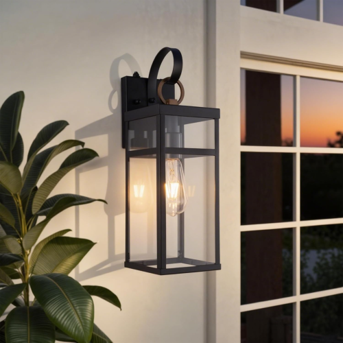 17-Inch Black Metal and Clear Glass Dusk-to-Dawn Outdoor Wall Light
