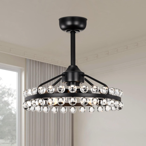 21-Inch Black Crystal and Metal Caged Ceiling Fan with Light and Remote