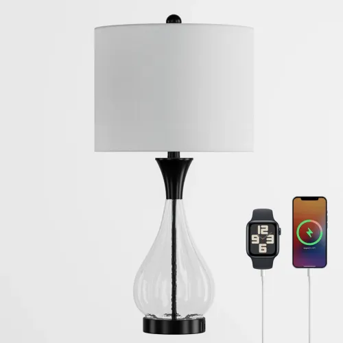 26-Inch Black Glass and Metal 3-Way Table Lamp with USB A+C Ports