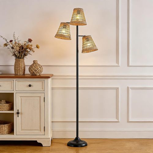 72-Inch Black Boho Rattan 3-Light Tree Floor Lamp with Woven Shades