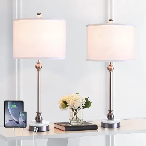 28.3-Inch Modern Nickel Metal and Stone USB Table Lamps, Set of 2