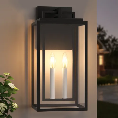 Modern 18-Inch Black Metal 2-Light Outdoor Wall Light with Clear Glass