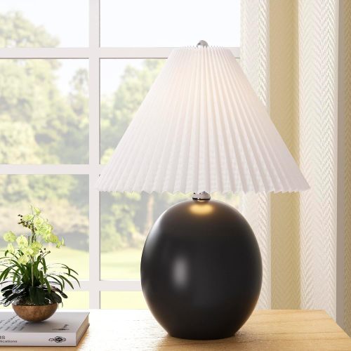 20.5-Inch Modern Black Ceramic Table Lamp with White Pleated Shade