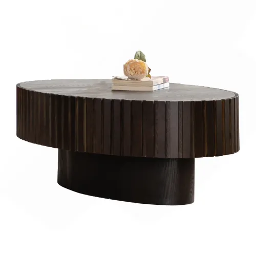 43.5-Inch Brown Oval Pine Wood and MDF Pedestal Coffee Table