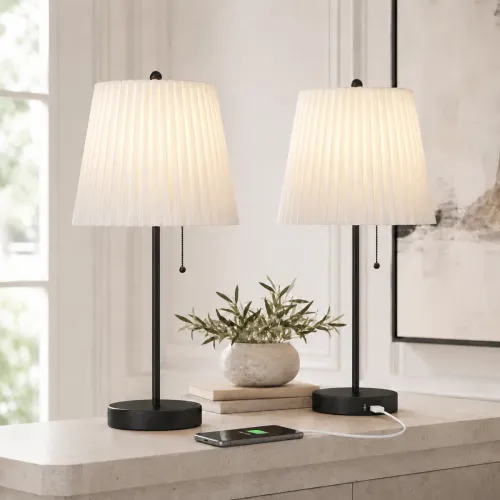 20.75-Inch Modern Black Metal USB Table Lamps with Folding Shades, Set of 2