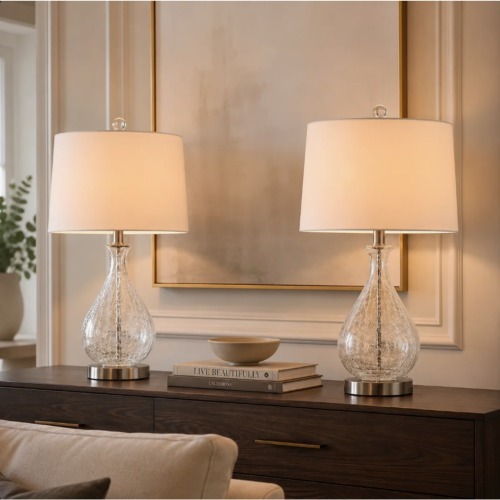 Set of 2 Modern 23-Inch Clear Glass Table Lamps in Polished Nickel