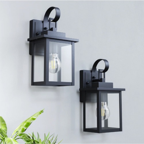Modern Set of 2 12-Inch Black Iron & Tempered Glass Outdoor Lights