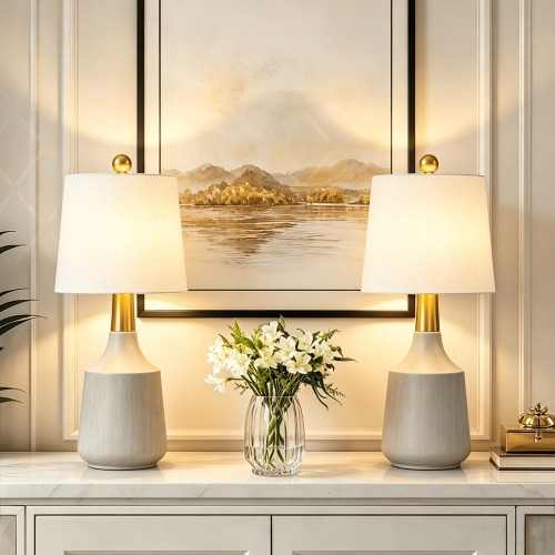 20-Inch Modern Beige Ceramic Table Lamps with White Linen Shades, Set of 2