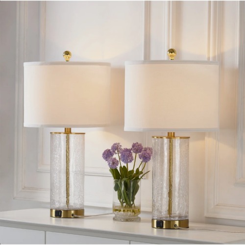 23.25-Inch Modern Gold Glass and Metal USB Table Lamps, Set of 2