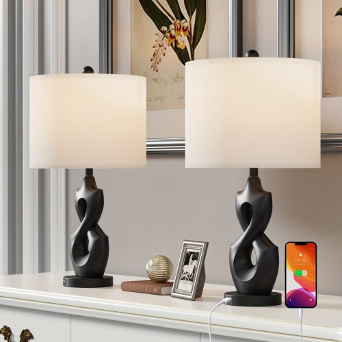 24-Inch Modern Black Resin Table Lamp Set with White Shades