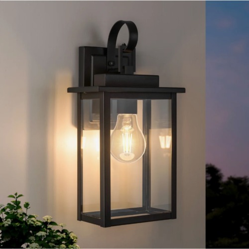 Modern 15-Inch Black Iron and Tempered Glass Outdoor Wall Light