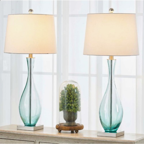 Modern Blue Glass 30-Inch Table Lamps with USB Ports, Set of 2