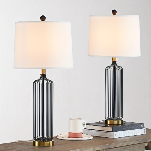 28 Inches Tall Cage Table Lamp Set of 2 (Not Included Bulbs), 3-Way Dimmable Bedside Nightstand Lamps with White Shade for Living Room, Bedroom, Study, Office(not included bulbs) - Black - Metal - Modern - Table&Floor Lamps - LED - Under 1000lm - 2700K-3000K(Warm White) - 28-Inch