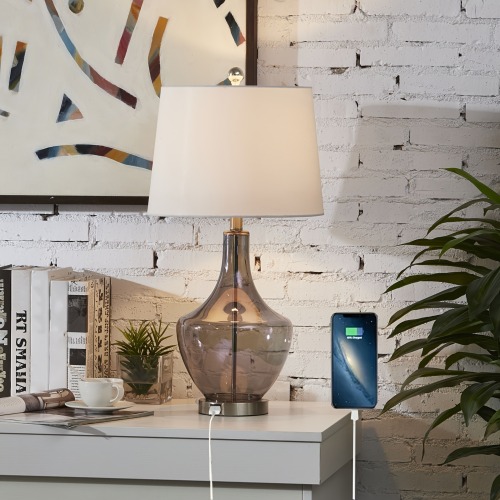 26-Inch Modern Grey Glass Table Lamp with USB Port, 3-Way Dimming