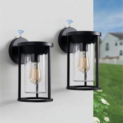 11.32-Inch Dusk-to-Dawn Black Glass and Metal Wall Lanterns, Set of 2