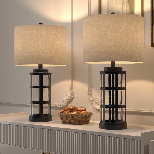 Set of 2 Modern Black Glass & Metal USB Table Lamps, 25-Inch