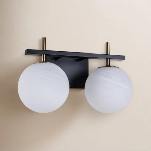 Modern 2-Light Black and Gold Vanity Sconce with Textured Glass Shade