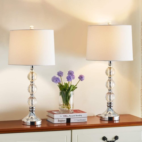 27.5" Modern Crystal Table Lamps, Set of 2, Nickel Metal Base