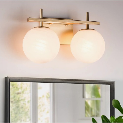 Modern Gold Metal 2-Light Vanity Sconce with White Marble-Textured Glass Globes