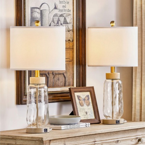 Set of 2 Clear Glass and Resin 24-Inch Dimmable Table Lamps
