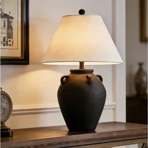 25-Inch Black Ceramic Table Lamp with White Shade for Bedroom