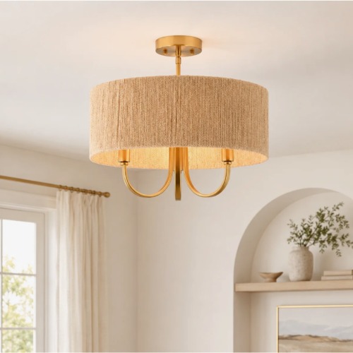 3-Light 18-Inch Antique Natural Metal & Paper Rope Drum Light