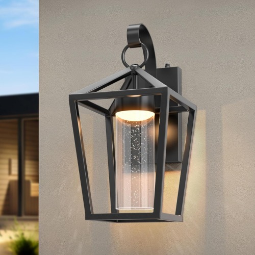 15"H Black Seeded Glass & Metal Outdoor LED Sconce, Dimmable, Dusk-to-Dawn
