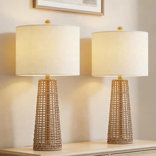 26.5-Inch Brown Rattan Table Lamps with Linen Shades, Set of 2