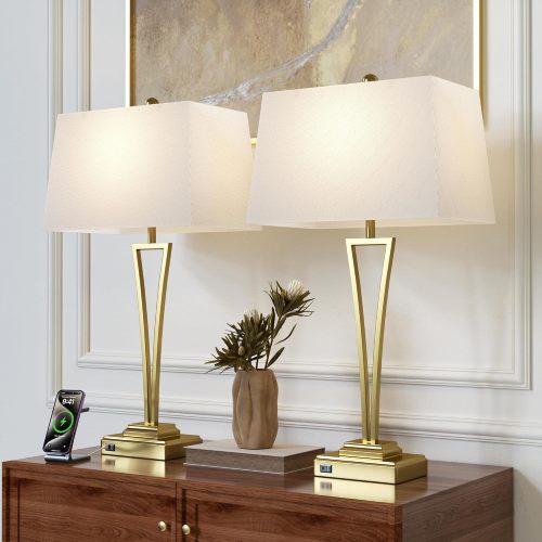 Set of 2 Modern Gold Iron & Resin USB Table Lamps, 30.5-Inch