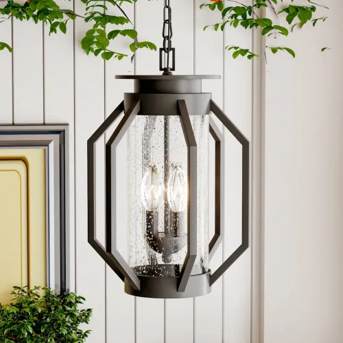 3-Light 18-Inch Black Modern Outdoor Hanging Lantern, Seeded Glass