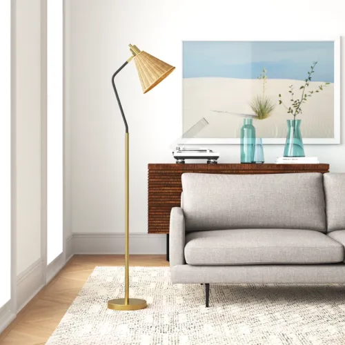 62-Inch Gold Iron Arc Floor Lamp with Rattan Shade, Adjustable Head