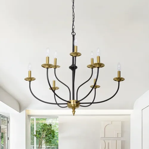 Modern 31-Inch Gold and Black Iron 9-Light Tiered Chandelier