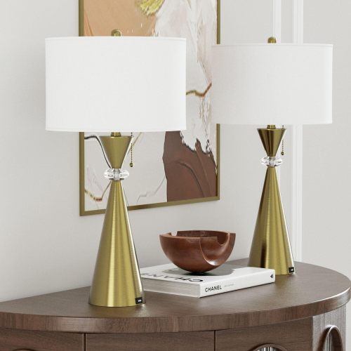 28-Inch Modern Gold Crystal & Metal Table Lamps, Set of 2 with USB Ports