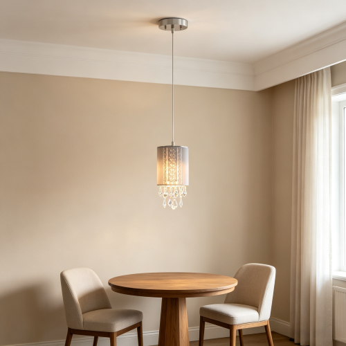 Modern 1-Light 6.5-Inch Chrome Crystal and Iron Drum Pendant Light