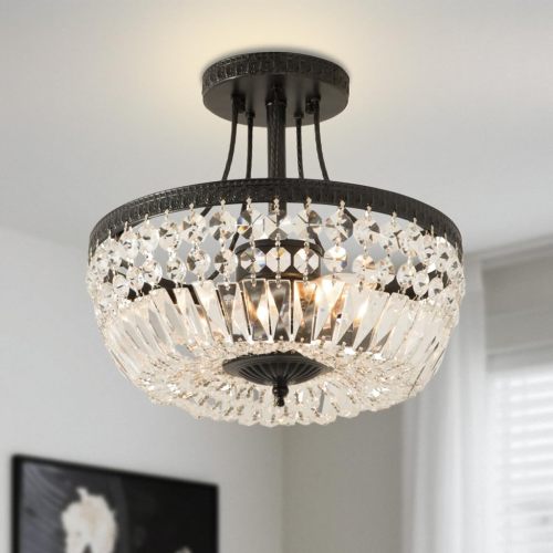 12-Inch Black Crystal and Iron 3-Light Semi-Flush Ceiling Fixture