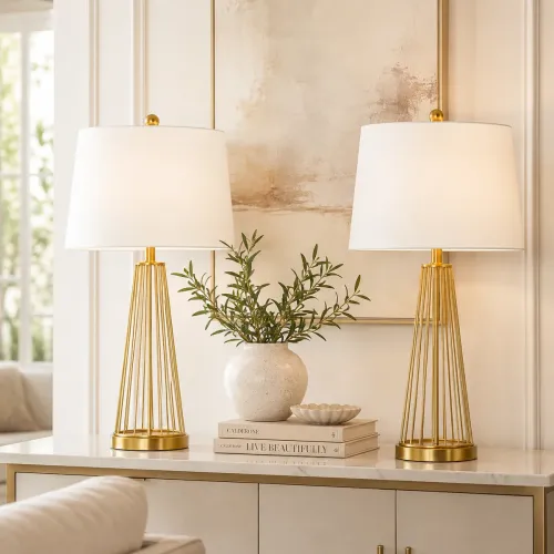 27-Inch Modern Gold Iron Table Lamps, Set of 2 with White Shades