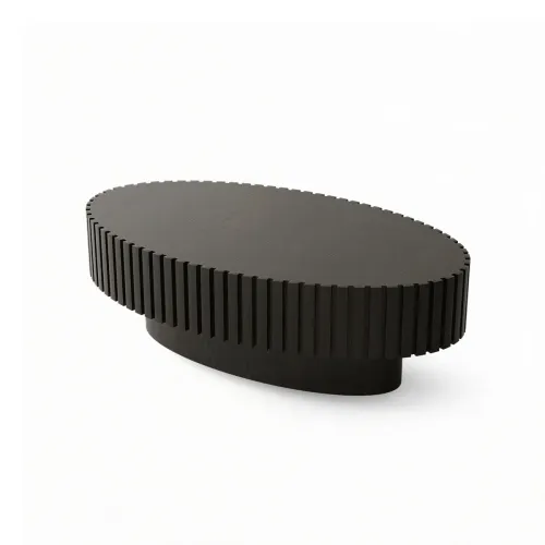 Black Oval MDF Coffee Table with Handmade Relief Motifs, 43.31 x 24.61 in